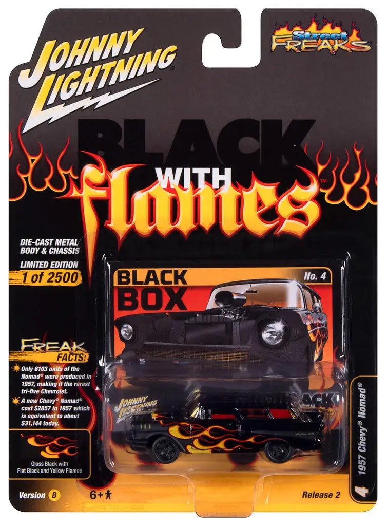 Johnny Lightning 1:64 Street Freaks Ver B Chevy Nomad in gloss black with flame graphics