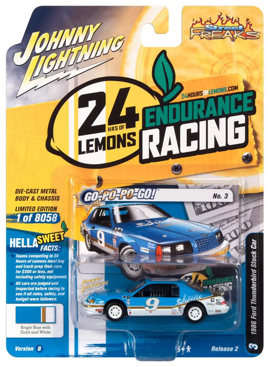 Die-cast blue racing car in packaging with 24 Hours of Lemons branding by Johnny Lightning