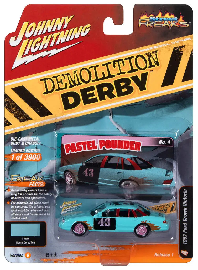 Packaged toy car labeled Demolition Derby from Johnny Lightning Street Freaks Ver, Ford Crown Victoria Teal