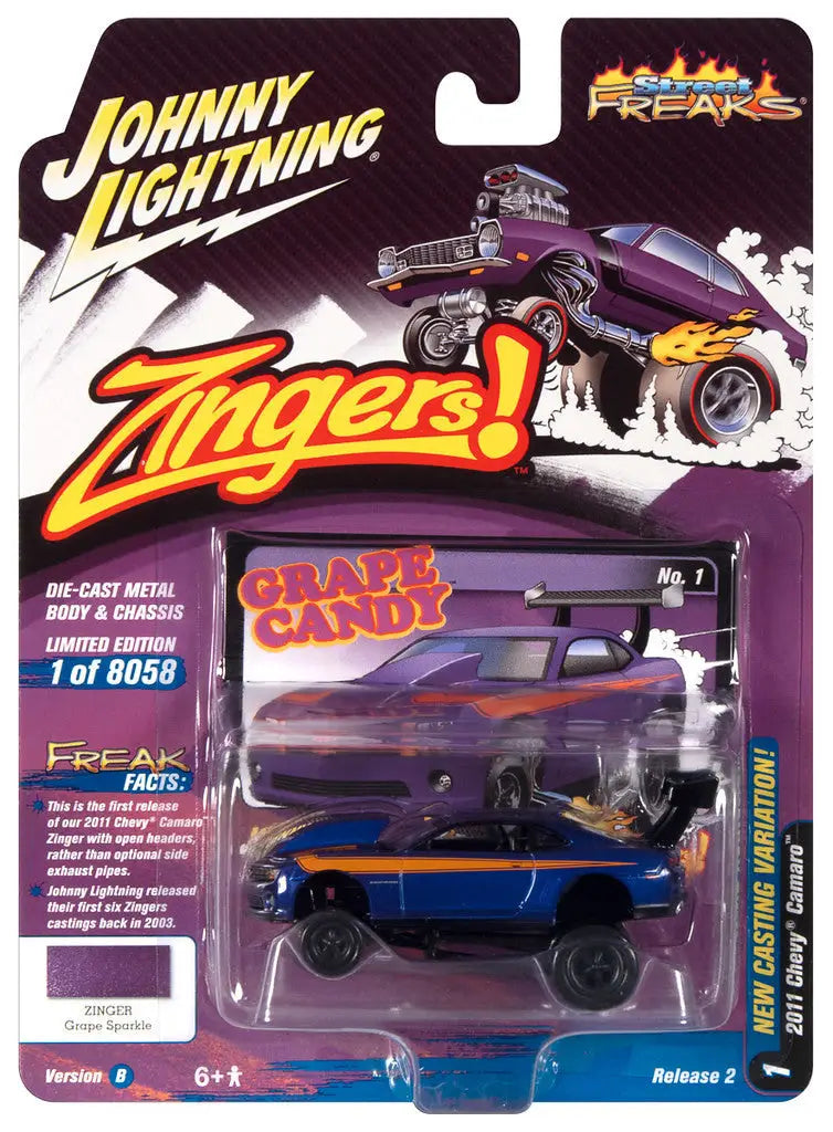 Die-cast toy car packaging of Johnny Lightning Street Freaks featuring blue monster truck