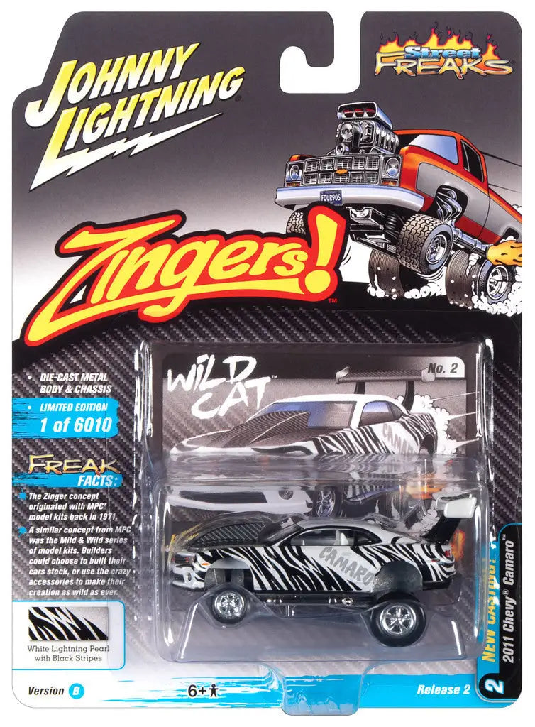 Toy car packaging featuring a Wild Cat zebra-striped vehicle from Johnny Lightning Street Freaks Ver