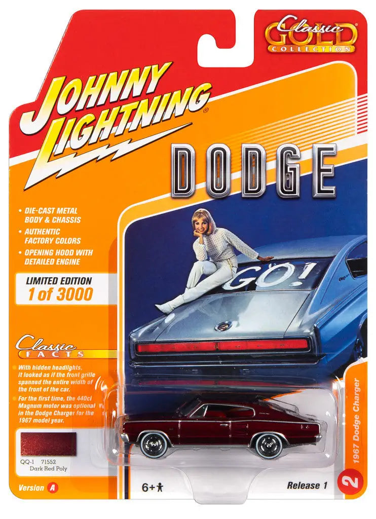 Die-cast maroon Dodge Charger model in packaging by Johnny Lightning Classic Gold