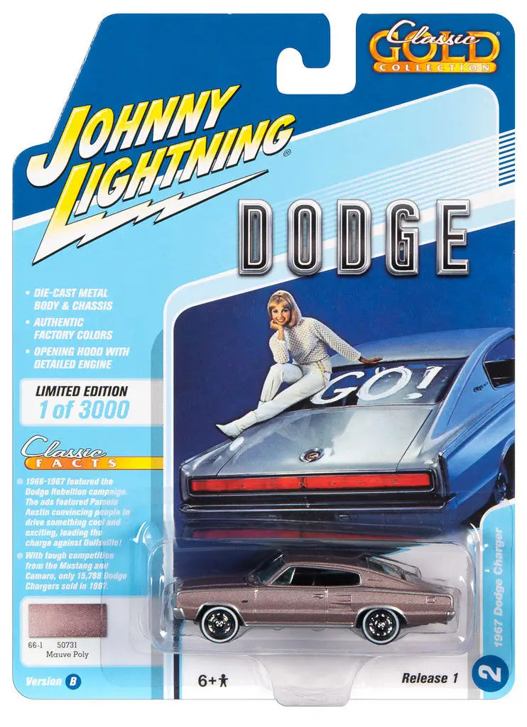 Die-cast model of a classic Dodge Charger in packaging from Johnny Lightning Classic Gold series