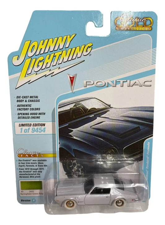 Die-cast model of a Pontiac Firebird Formula in Johnny Lightning JLCG026 Classic Gold Ver packaging