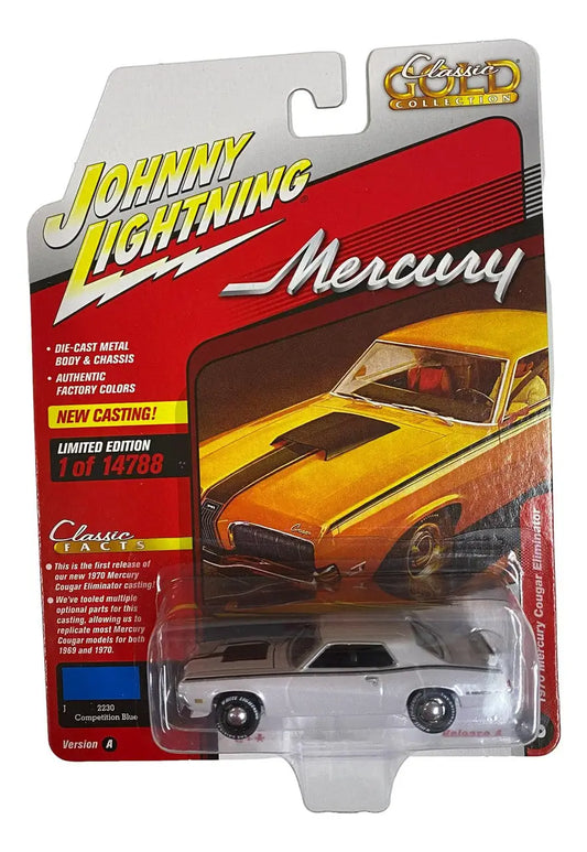 Die-cast model car of a classic Mercury vehicle in packaging for Johnny Lightning JLCG027