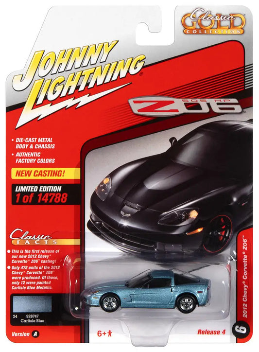 Die-cast model car of a light blue Chevrolet Corvette in packaging by Johnny Lightning JLCG027