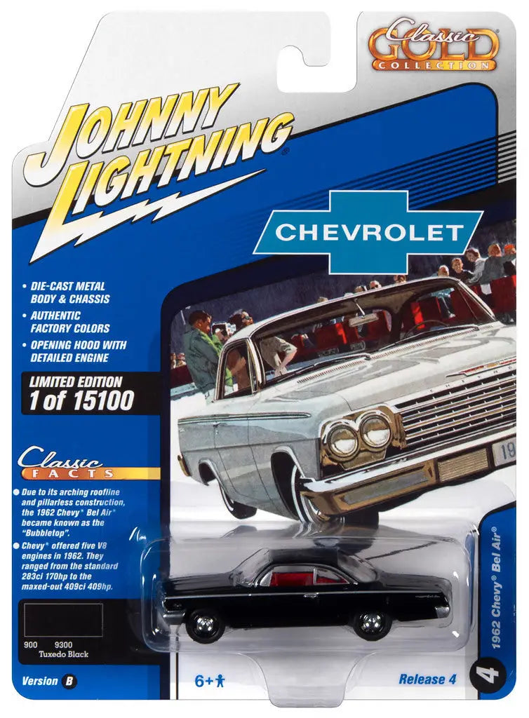 Die-cast model car of a classic Chevrolet in packaging, Johnny Lightning Chevy Bel Air classic gold