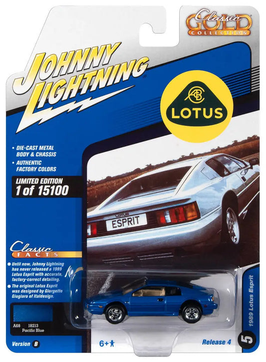 Die-cast model of a blue Lotus Esprit Pacific Blue from Johnny Lightning Classic Gold