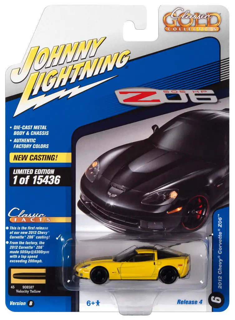 Die-cast model of a Johnny Lightning Classic Gold Chevy Corvette Z06 in packaging