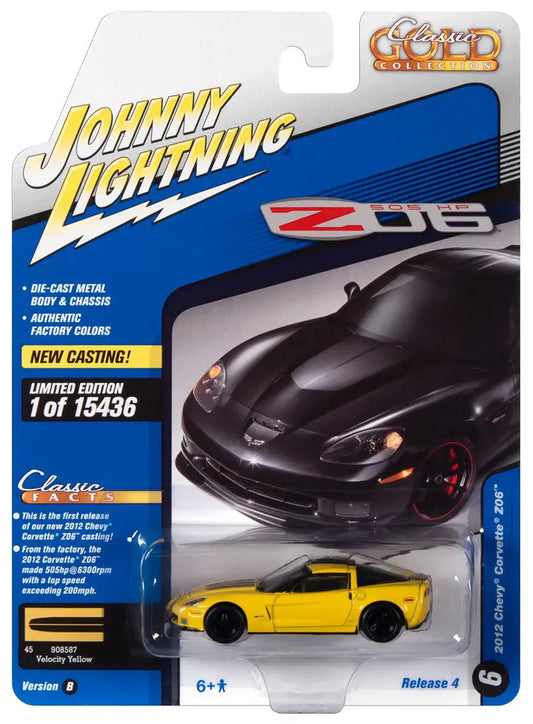 Die-cast model of a Johnny Lightning Classic Gold Chevy Corvette Z06 in packaging