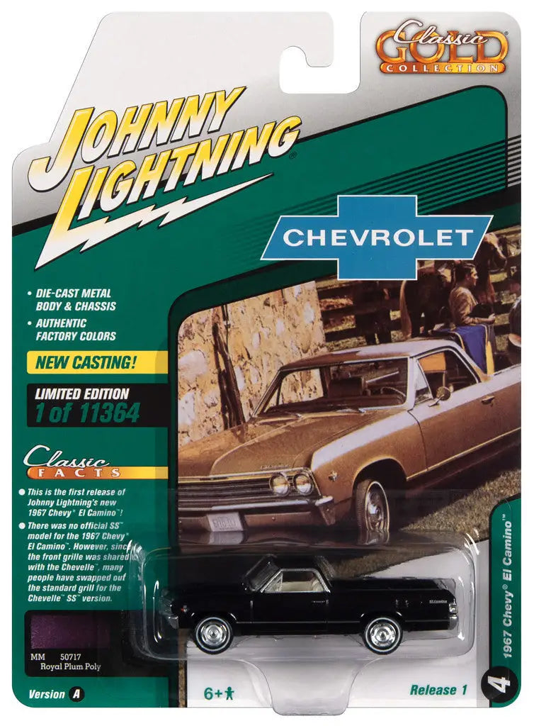 Die-cast packaging for Johnny Lightning Classic Gold 1967 Chevy El Camino Plum Poly