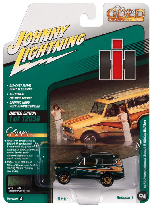 Johnny Lightning JLCG028 packaging featuring a Classic Gold Scout II Midas die-cast model car