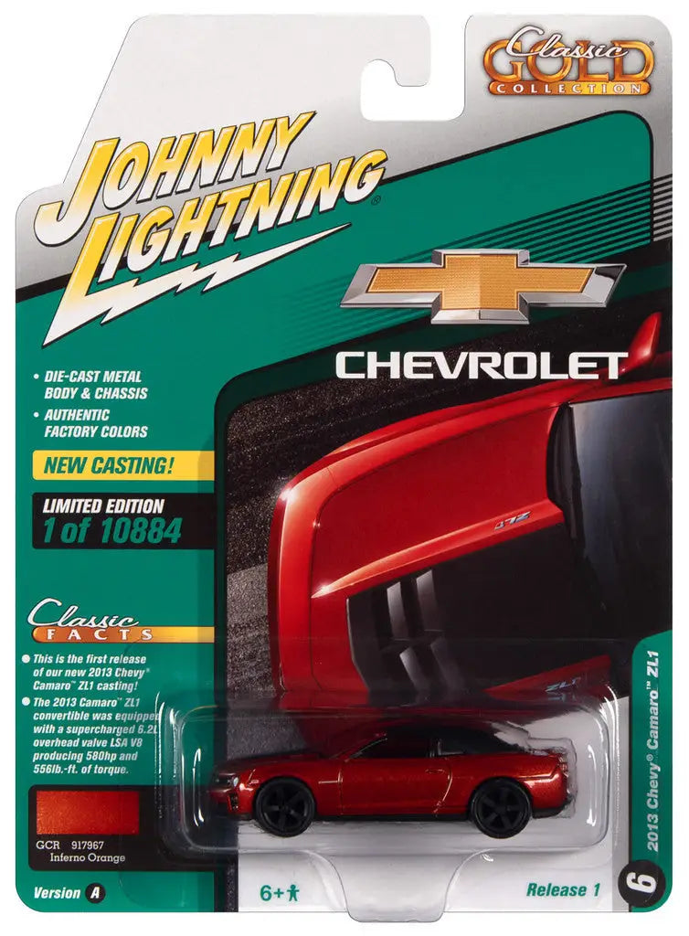 Packaged Johnny Lightning die-cast model of a red Chevy Camaro ZL1 in Classic Gold