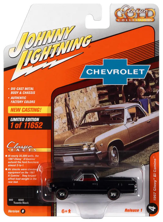 Die-cast model car of a black Chevy El Camino in Johnny Lightning Classic Gold packaging