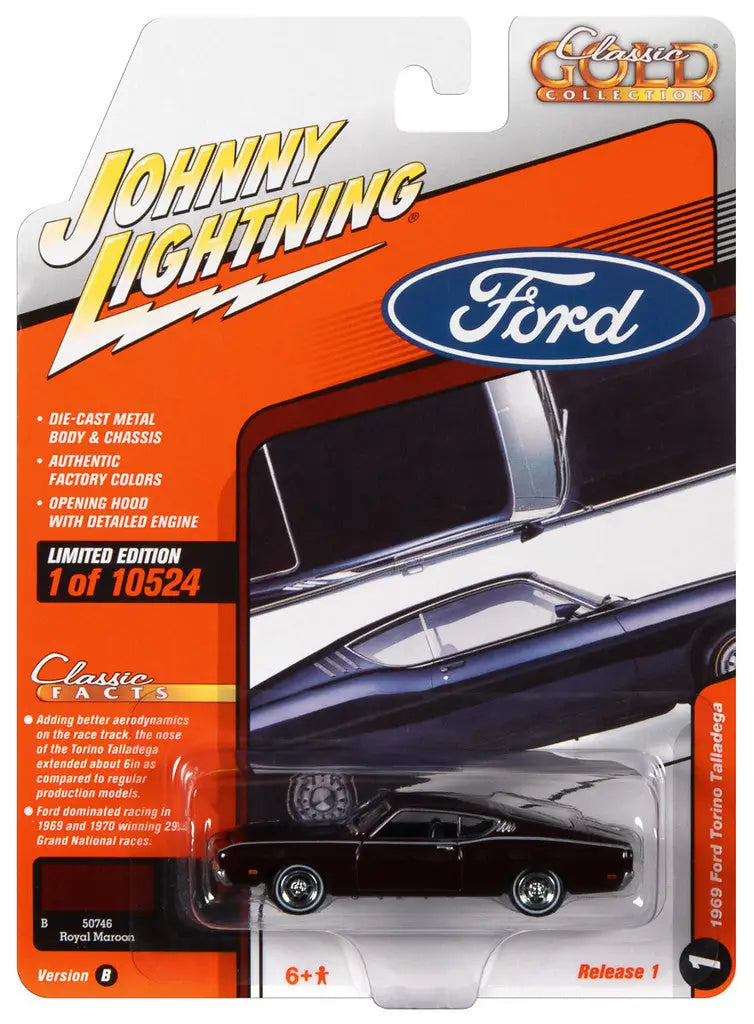 Die-cast model car of a classic Ford Torino Talladega in Johnny Lightning packaging