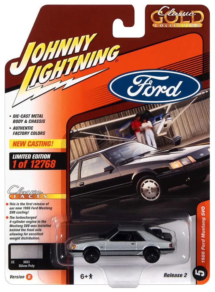 Die-cast model of a white Ford Mustang SVO in packaging by Johnny Lightning Classic Gold