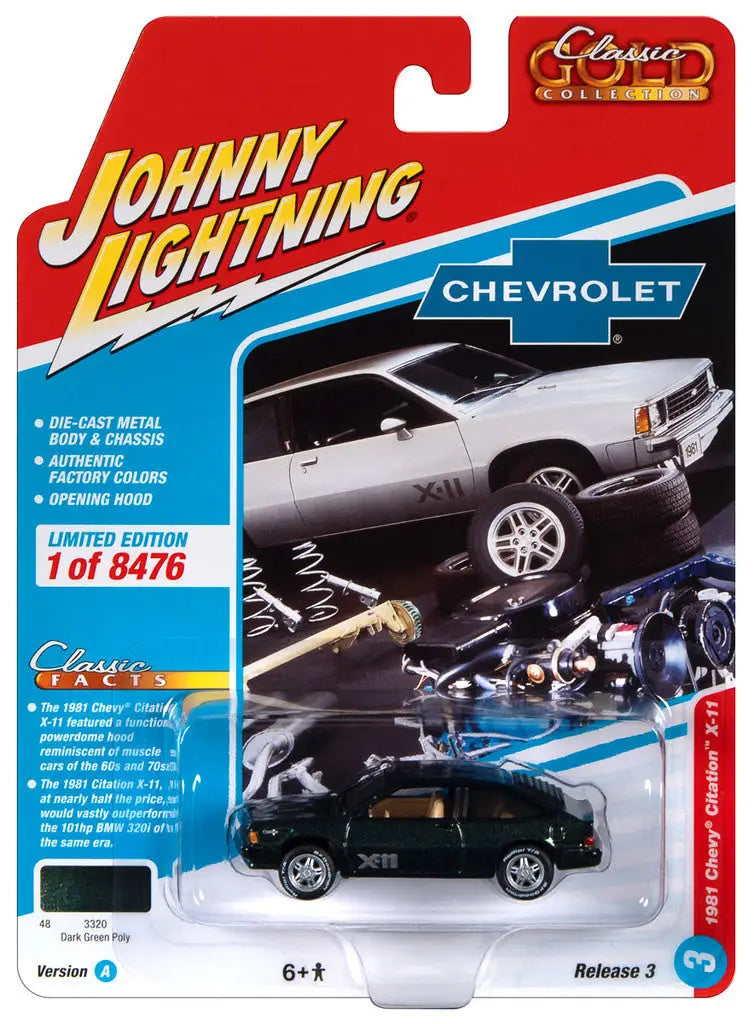 Die-cast model of a black Chevrolet in packaging for Johnny Lightning JLCG030 Classic Gold