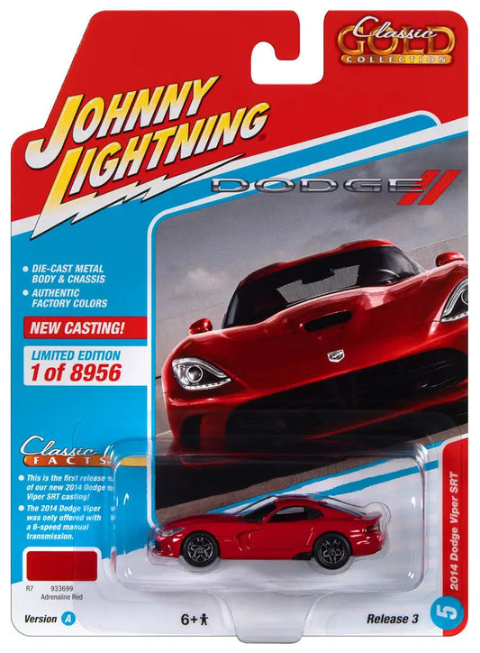 Die-cast model of a red Dodge Viper SRT in packaging from Johnny Lightning Classic Gold