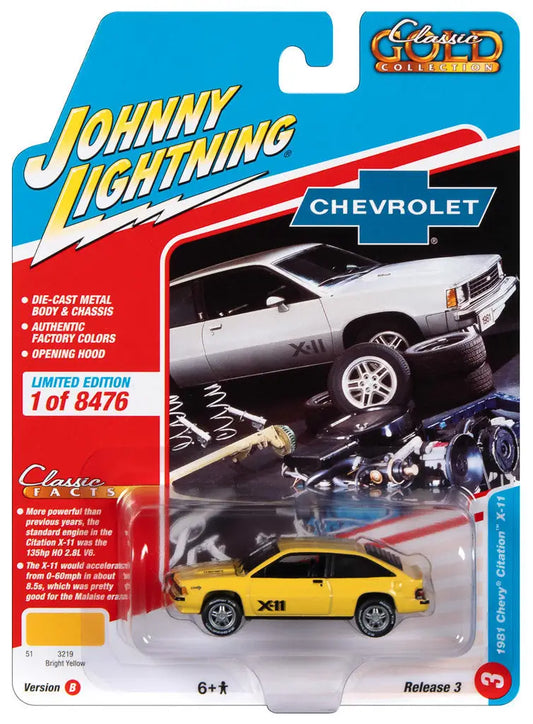 Die-cast packaging of Johnny Lightning JLCG030 Classic Gold Chevy Citation X-11 Yellow