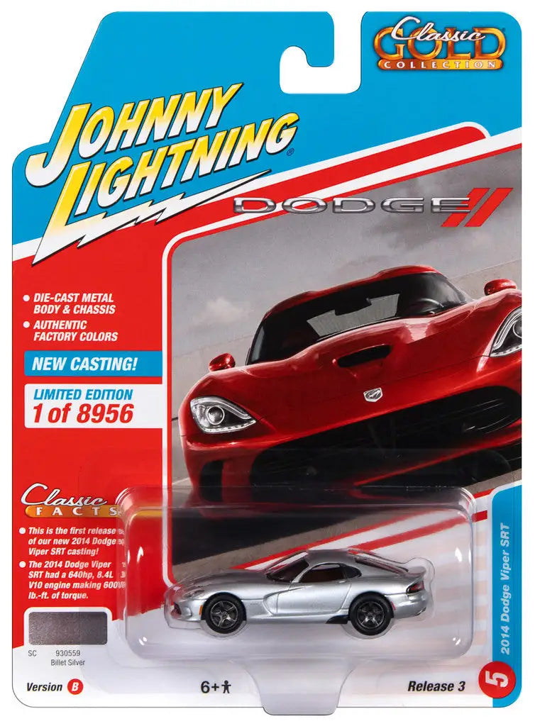 Die-cast toy car model of a silver Dodge Viper SRT in Johnny Lightning Classic Gold packaging