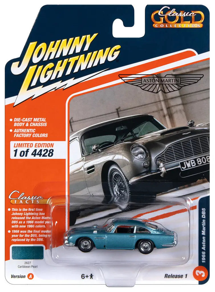 Die-cast Johnny Lightning JLCG031 Classic Gold Aston Martin DB5 model in teal