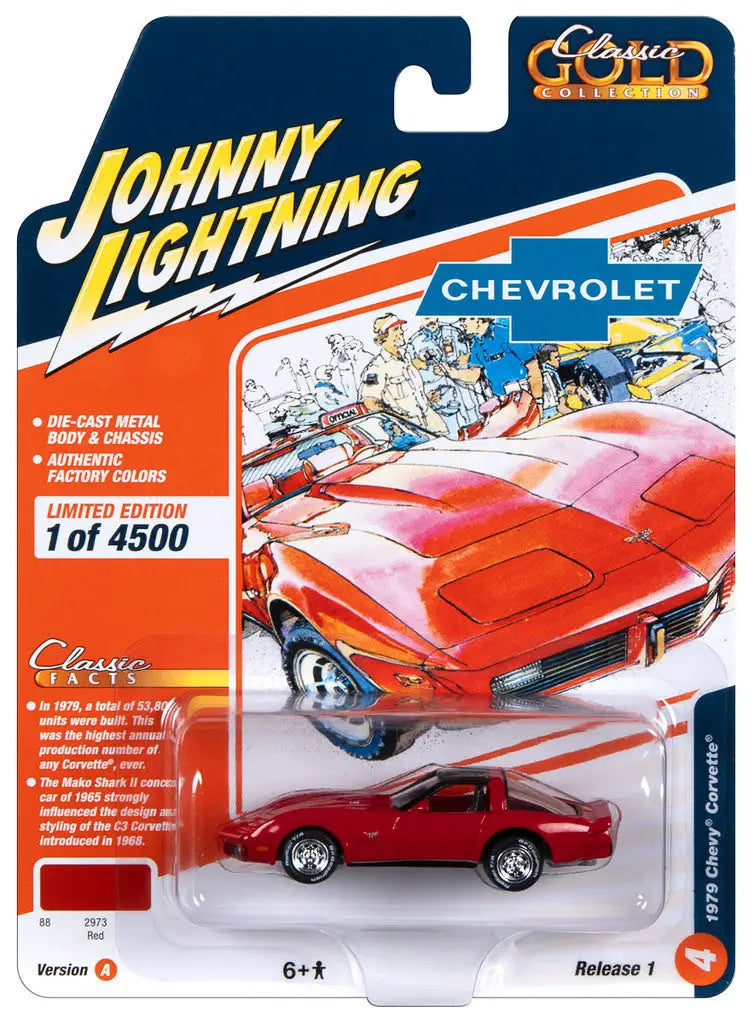 Red die-cast model of a Johnny Lightning JLCG031 Classic Gold 1979 Chevy Corvette in packaging