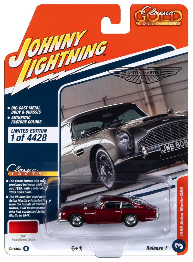 Die-cast model car of a classic Aston Martin DB5 in Johnny Lightning JLCG031 packaging