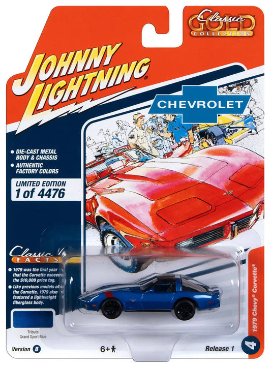 Die-cast toy car model of a blue Chevrolet Corvette in Johnny Lightning packaging