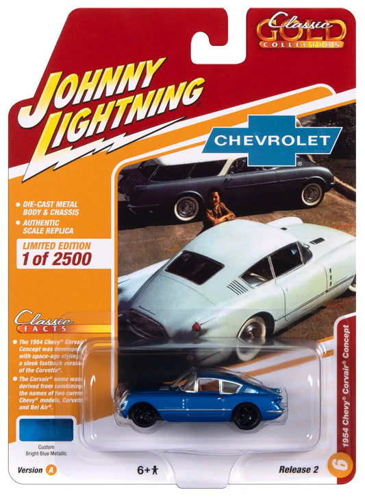 Die-cast model car of a blue Chevrolet in packaging from Johnny Lightning Classic Gold collection