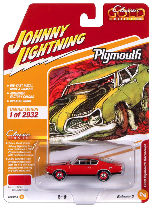 Die-cast model car of a red Plymouth Barracuda in packaging by Johnny Lightning JLCG032 Classic Gold