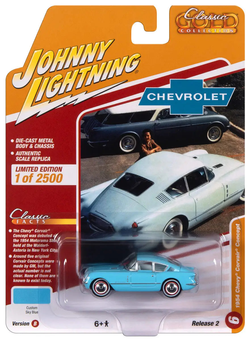 Die-cast model of a light blue Chevrolet in packaging, Johnny Lightning JLCG032 Classic Gold