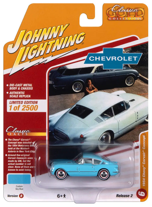 Die-cast model of a light blue Chevrolet in packaging, Johnny Lightning JLCG032 Classic Gold