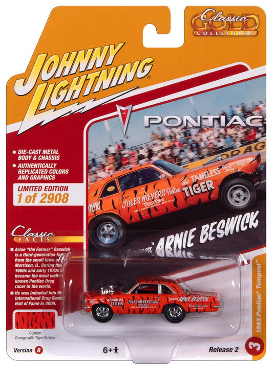 Die-cast model of an orange Pontiac drag racing car in packaging by Johnny Lightning Classic Gold