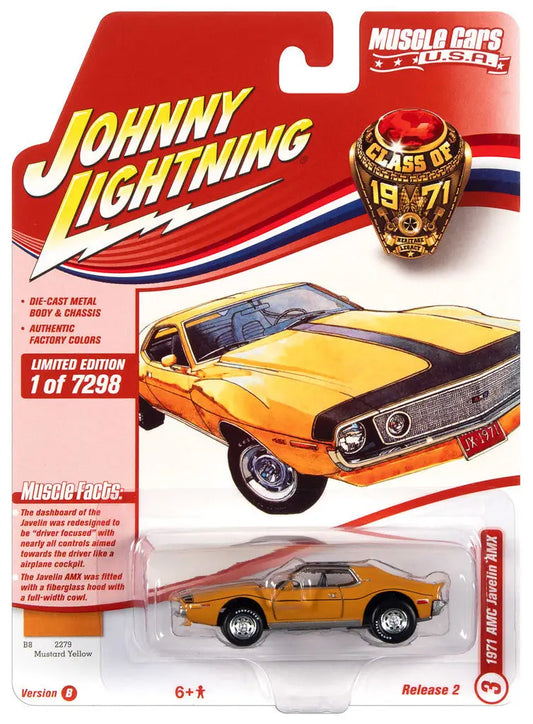 Toy car packaging of Johnny Lightning JLMC026 featuring Javelin AMX Yellow model