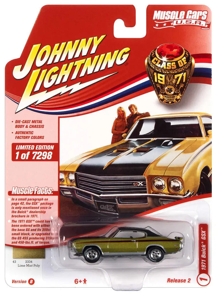 Die-cast model car packaging for Johnny Lightning JLMC026 Buick GSX Lime collectible