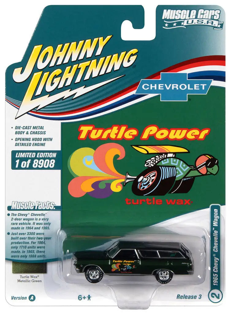 Die-cast model of a Johnny Lightning JLMC027 Chevy Chevelle Wagon with Turtle Power graphics