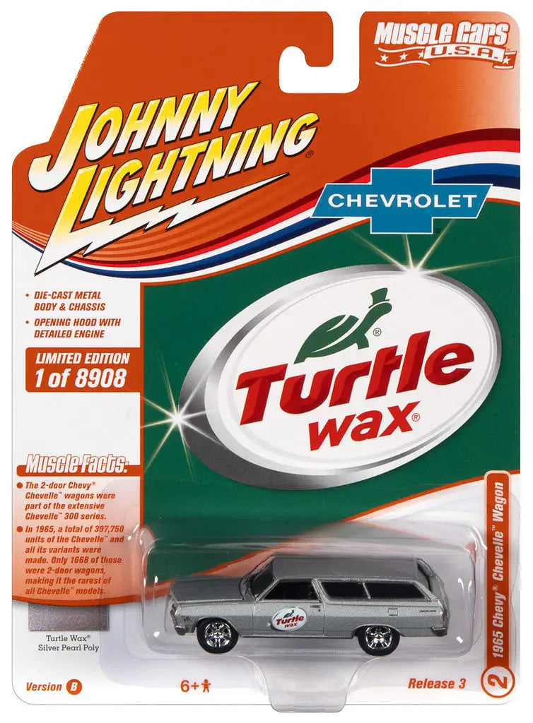 Die-cast Chevy Chevelle Wagon Pearl model from Johnny Lightning JLMC027 with Turtle Wax packaging