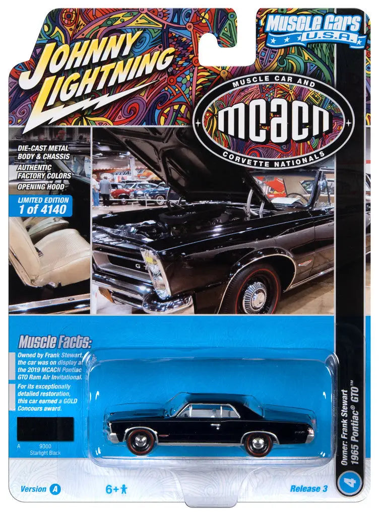 Die-cast model of a black classic American muscle car, Johnny Lightning JLMC031 Pontiac GTO