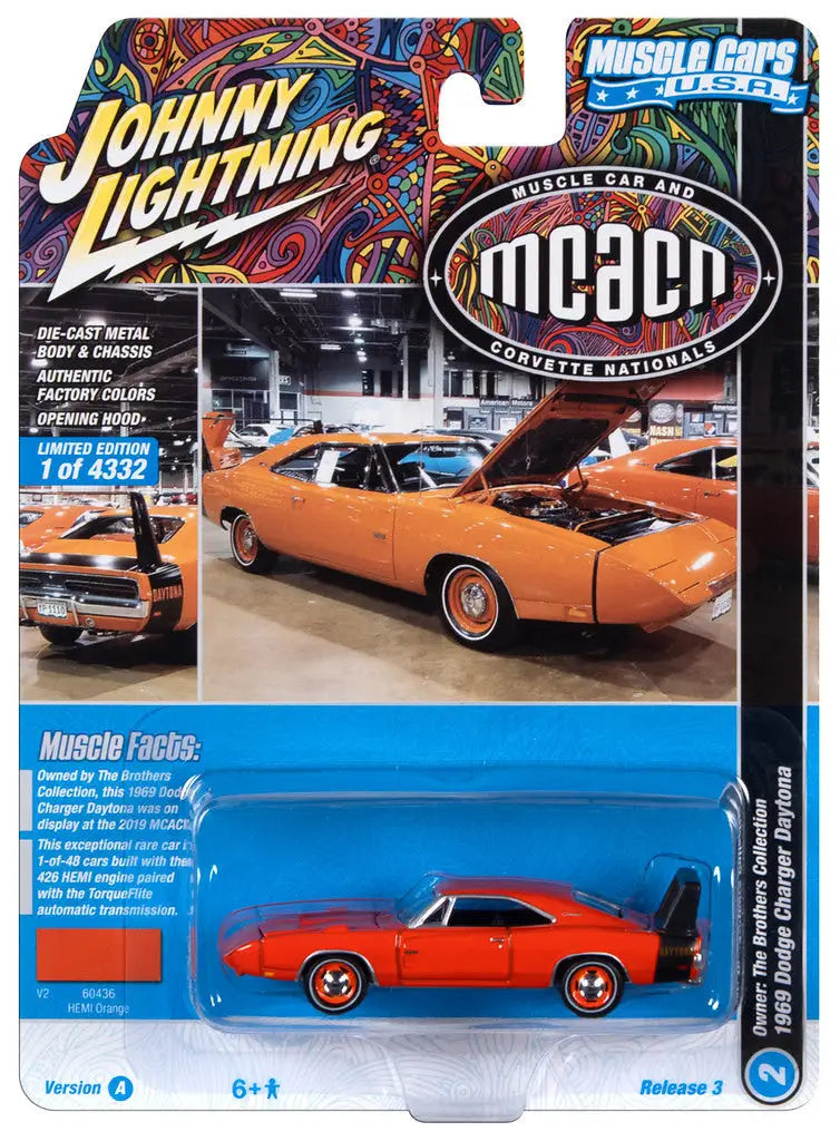 Die-cast model of an orange 1969 Dodge Charger Daytona in Johnny Lightning JLMC031 packaging