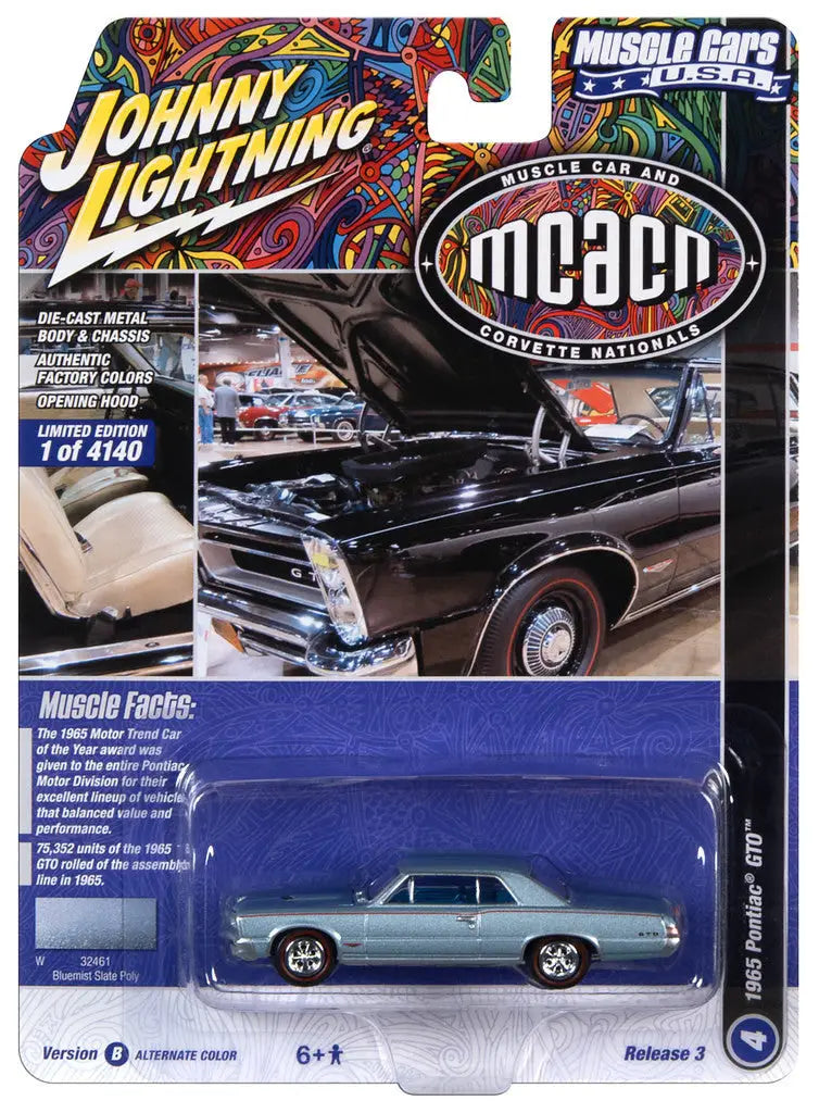 Die-cast model of a blue-green muscle car in Johnny Lightning JLMC031 packaging