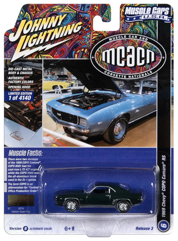 Die-cast model of a dark green 1969 Chevy COPO Camaro in Johnny Lightning JLMC031 packaging