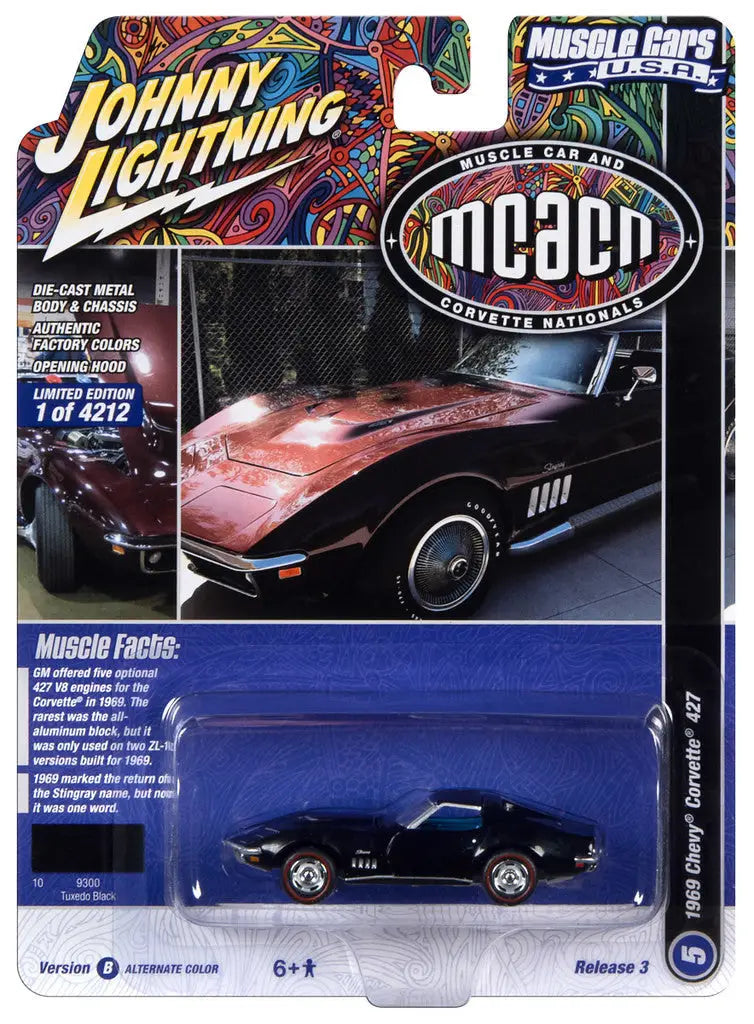 Die-cast model of a black classic Corvette in packaging Johnny Lightning JLMC031 Muscle Car