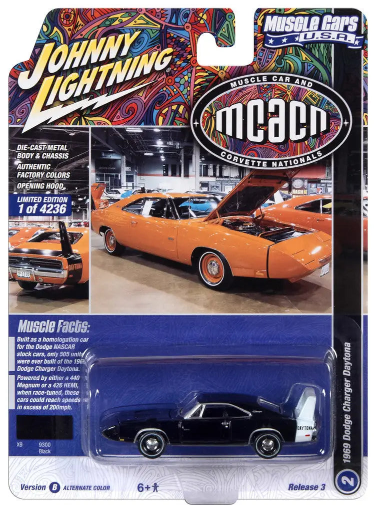 Die-cast toy model of a black muscle car in packaging with Johnny Lightning branding