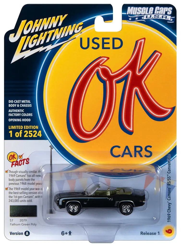 Die-cast model car in Johnny Lightning JLMC032 packaging featuring 1969 Chevy Camaro RS/SS