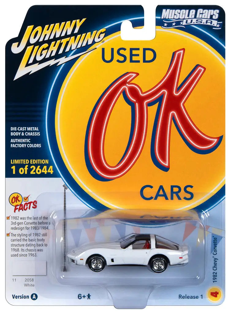 Die-cast Johnny Lightning JLMC032 Muscle Car toy packaging featuring OK Used Cars branding