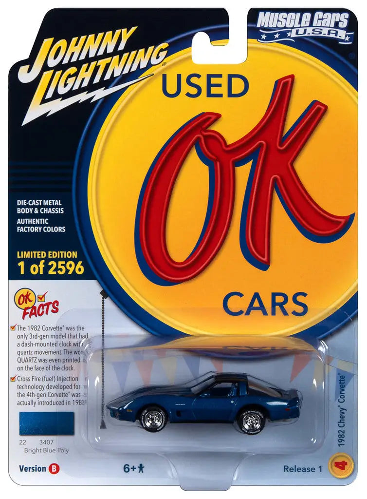 Die-cast model of a blue classic muscle car in Johnny Lightning JLMC032 packaging