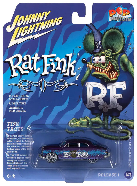 Johnny Lightning Mercury Coupe Custom packaging featuring Rat Fink character and branding