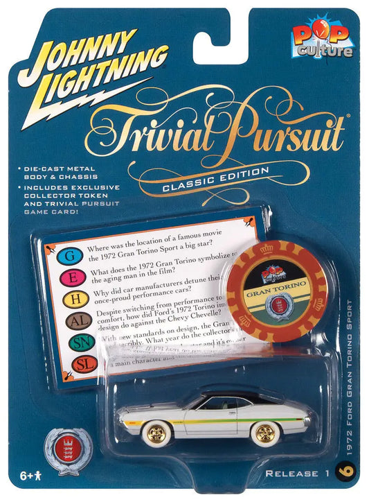 Toy car packaging of Johnny Lightning JLPC006 Ford Gran Torino in Trivial Pursuit theme