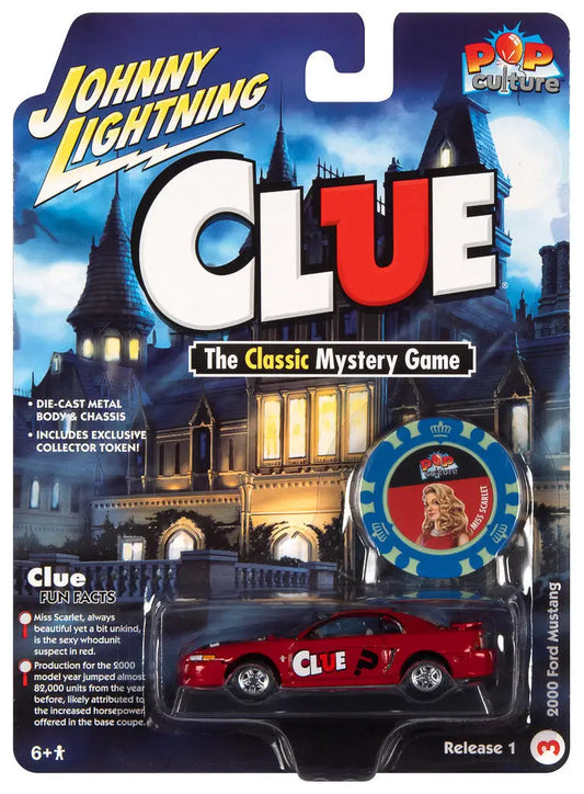 Packaged Johnny Lightning JLPC006 Ford Mustang Clue toy car in Pop Culture theme