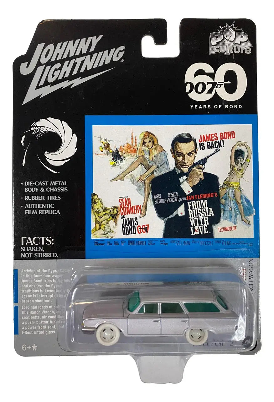 Die-cast Johnny Lightning JLPC007 Ford Ranch Wagon in packaging with James Bond movie posters